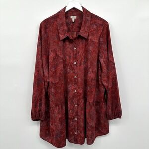 LOGO Lori Goldstein Tunic Top Shirt 2X‎ Stretch Button Up Marbled Grunge Boho